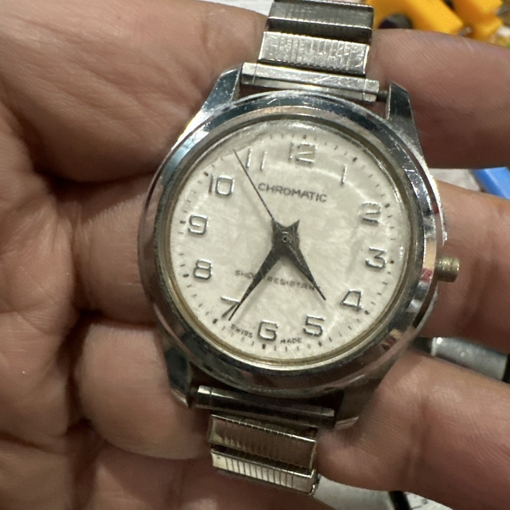 Vintage‎ CHOROMATIC SWISS WATCH 1960s Silver Tone Mens Watch 33mm- Broken Crown